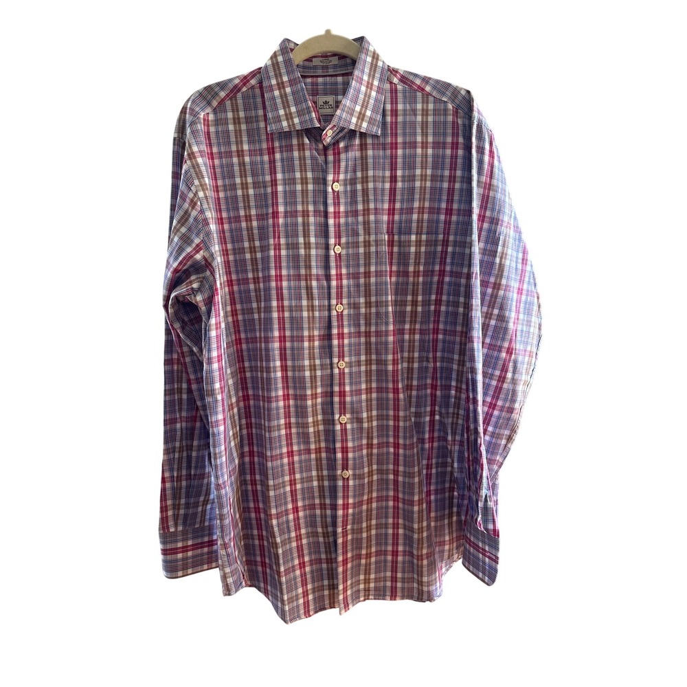 Peter Millar Mens Large Red Blue‎ Plaid Cotton Long Sleeve Button Down Shirt